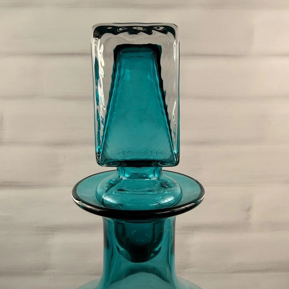 Z Gallerie Large Teal Blue Art Glass Decanter Square Stopper 17